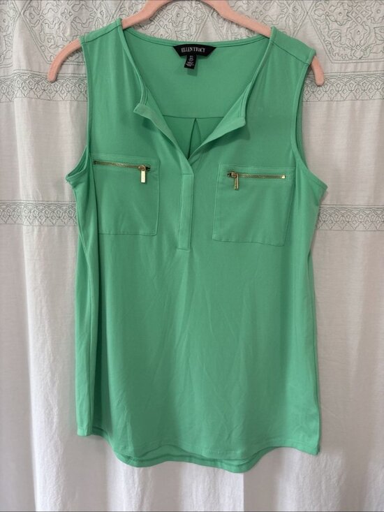 Ellen Tracy Tops - Ellen Tracy Bright Seafoam Sleeveless Top Size S Front Zipper Accents Stretch